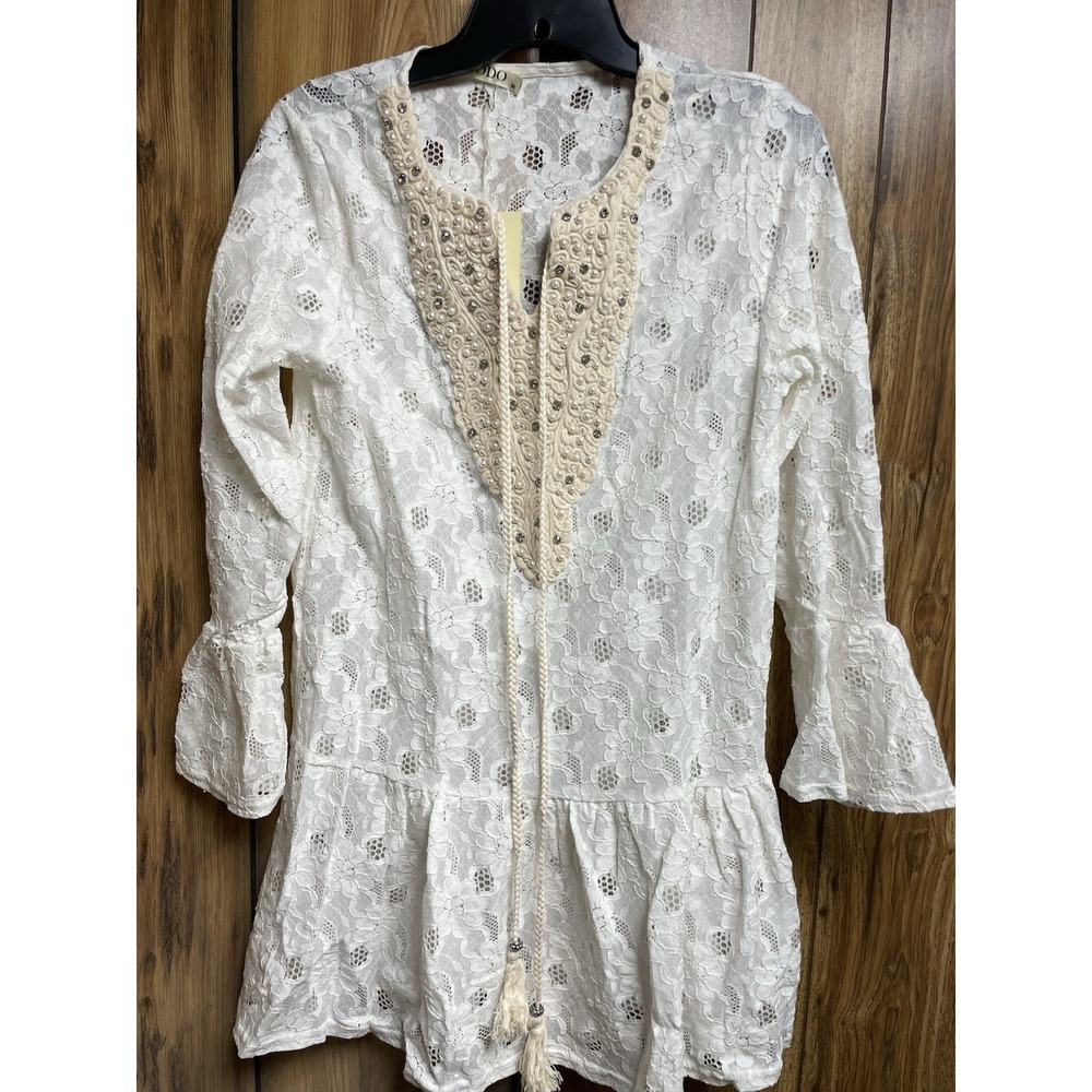 DODO Womens Med White Boho Crocheted Sleeve Artsy Free Spirited Lagenlook